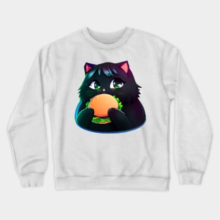 Black Fat cat eating burger Crewneck Sweatshirt